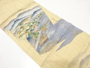 手織り紬　海辺風景模様織り出し　名古屋帯